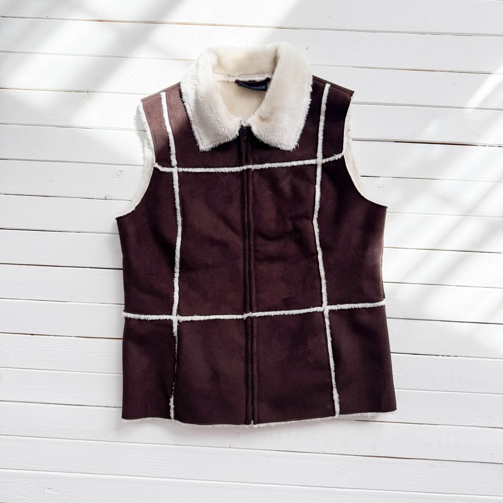 Relativity y2k vtg‎ brown vegan faux suede fleece lined vest size M